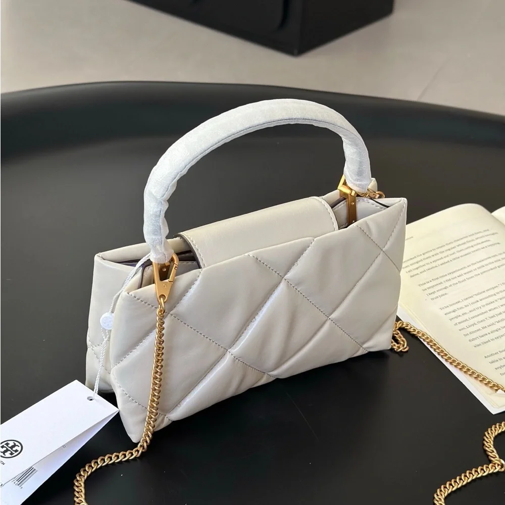 Tory Burch Quilted Mini Top-Handle Satchel in Cream with Gold Hardware